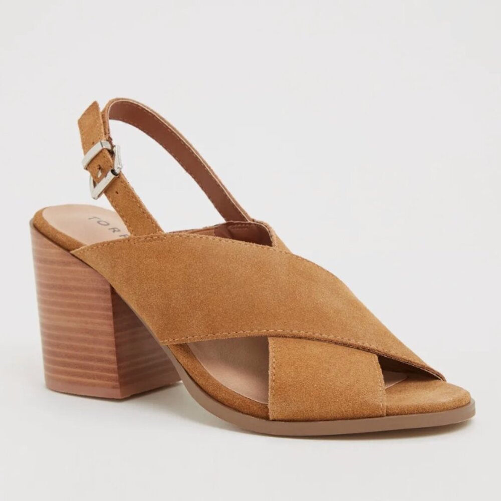 Torrid Genuine Suede Crisscross Block Heels Wide Width Brown size 11